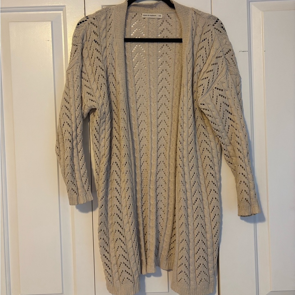 Open-Knit Longline Cardigan Sweater - Beige